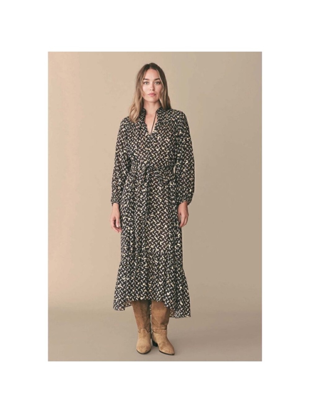 Doen Black and Cream Printed Tie-Waist Maxi Dress